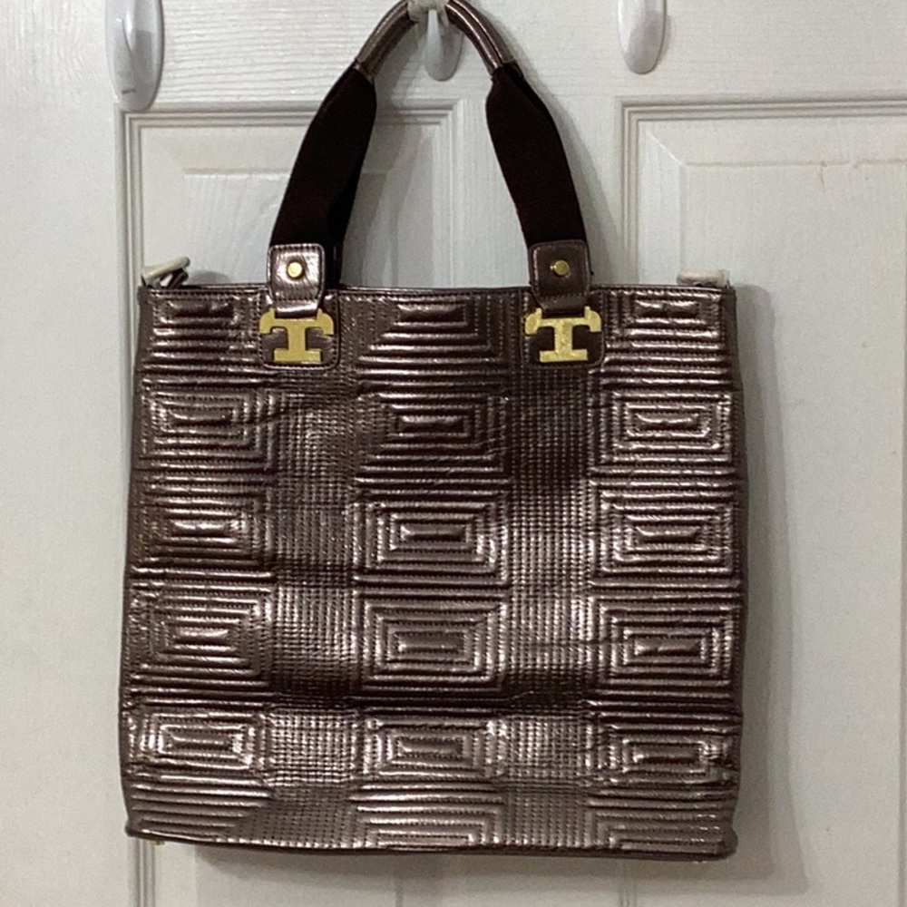 T Design tote bag, metallic brownish gold w/ long strap included for versatility